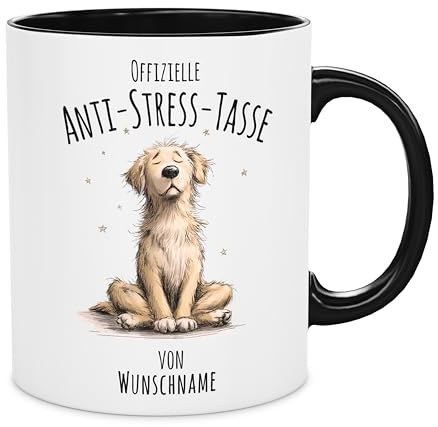 Birne 3-design - Grußkarte optional - Offizielle Anti-Stress-Tasse mit Golden Retriever - personalisiert mit Wunschnamen - Hundeliebhaber, Kollegen & Freunde - 300ml (Retriever schwarz)