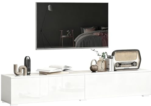 HOMCOM Mobile TV Sospeso 180 cm per TV fino a 75 Pollici, Mobiletto da Salotto Moderno con Ante a Pressione e Fori per Cavi, Consolle Multimediale a Parete, Bianco Lucido