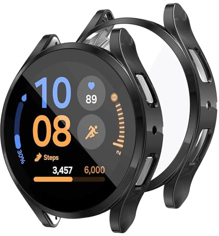 Techsuit für Samsung Galaxy Watch FE Hülle und Displayschutz mit Gehärtetem Glas, HD Klarheit, Volle Abdeckung, Kratzschutz, Schlankes Design, Defense360 Pro, Schwarz