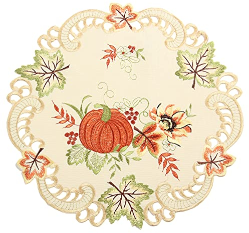 Quinnyshop Kürbis und Sonnenblume Stickerei Tischdeckchen 40 cm Rund Polyester, Creme