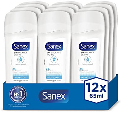 Sanex Dermo Protector Desodorante Stick para Mujeres y Hombres, Pack 12 uds x 65ml, hasta 24H de Protección Contra Olores, Restaura el pH Natural de la Piel, Dermatológicamente Testado