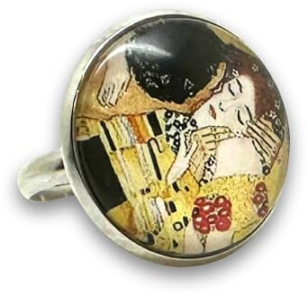 Verstellbarer Damenring aus Edelstahl mit Glascabochon, Vintage, Retro, originell, Schmuckset „Der Kuss“ von Klimt, Gemälde, Maler, Kunstwerk (Ref.13a)