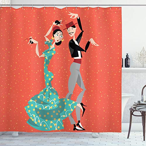 ABAKUHAUS Spanischer Duschvorhang, Flamenco-Tänzer Paar, Stoffliches Gewebe Badezimmerdekorationsset mit Haken, 175 x 240 cm, Lachs