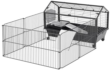 PawHut Small Animal Cage with Foldable Run Area, Rolling Bunny Cage, Guinea Pig Cage, Hedgehog Cage with Water Bottle, Water Bowl, and Ramps, 35 L