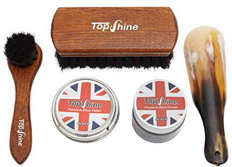 TOPSHINE Professional Shoe Shine Kit for Men - All Inclusive Shoe Polish Kit with 100% Horse & Wood Brushes, Shoe Horn & Beeswax Polish - Eco - Portable Boot Polishing Box for Home (Light Brown)