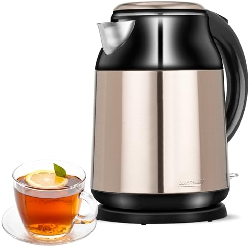 MPM MCZ-91M Hervidor de Agua eléctrico 1,5 litros, Acero Inoxidable sin BPA, Resistencia Oculta, 2200 W, Apagado Automático al Alcanzar la Ebullición, inalámbrico 360º sin Cable, Filtro de Cal