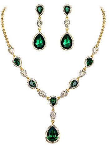 Clearine Damen Schmuck Set Hochzeit Braut Zirkonia Teardrop Y Halskette und Ohrringe Schmuckset für Frauen Smaragd-Grün Gold-Ton