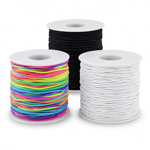 WedDecor 1mm x 100 Meters (Pack of 3) Elastic String Bracelet String Elastic Cord Stretchy Drawstring Thread for Bracelet Making, Clothing, DIY Crafts, Beading (Black, White, Rainbow), Total 300m