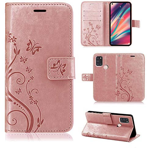 betterfon Étui de protection, compatible avec Wiko View 5/View 5 Plus, en cuir synthétique, portefeuille, pour View 5/View 5 Plus, motif de fleurs, or rose