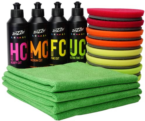 ADVANTUSE Zvizzer Politur-Sets 4x Politur á 250ml und 8x Polierpad 125mm - (125mm Heavy Cut bis Ultra Finish)