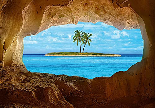 Fototapete Tropische Insel mit Felsenblick Meer Sonne Sommer Natur modern Fensterblick | 3,66 m x 2,54 m | Braun, Türkis, Grün
