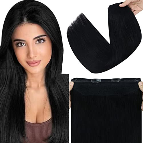 Fshine Flip in Extensions Echthaar Schwarz 40cm 80g Fish Line Hair Extensions Secret Extensions mit Draht Tiefschwarz Farbe 1