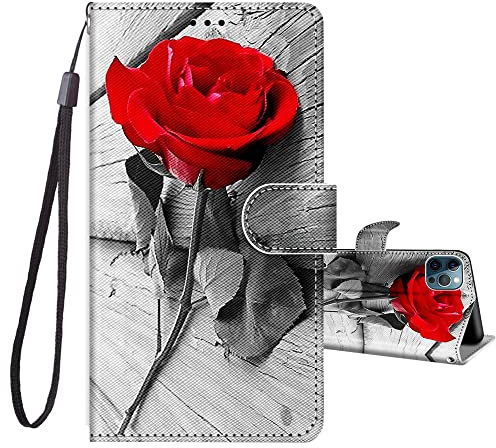 JRIANY for iPhone 12/12 Pro Case, PU Leather Wallet Case with Cute Pattern [Card Holder] [Kickstand], iPhone 12 Pro Flip Case, Shockproof Cover Compatible with Apple iPhone 12/12 Pro, Rose