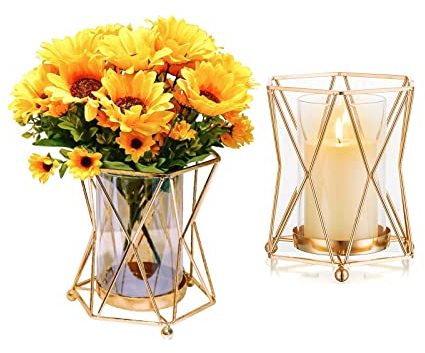 Vase Gold Home Decor EylKoi: 2pcs Vase Geometrisch Goldene Vase für Pampasgras Große Vase Blumenvase Hohe Metallic Pillar Candle Holders Fireplace Mantel Decorations Hochzeit Mittelstücke für Zuhause