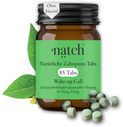 Wake-up Call Zahnpasta-Tabletten von Natch ohne Fluorid mit Matcha & Ylang Ylang, natürliches Schäumen, vegan & plastikfrei (85 Tabs).
