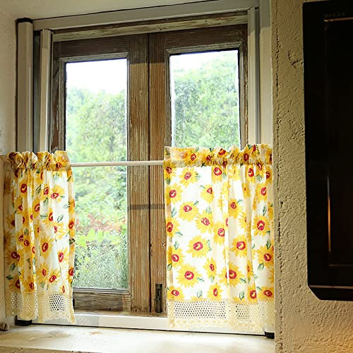 A.Monamour Gardine Scheibengardinen Kurzstores 2 Stück Baumwollleinen Gelb Aquarell Sonnenblumen Muster Kurzgardinen Küchengardine Küchenvorhang Küche Vorhang Fenster Kurz Stores Bistrogardine