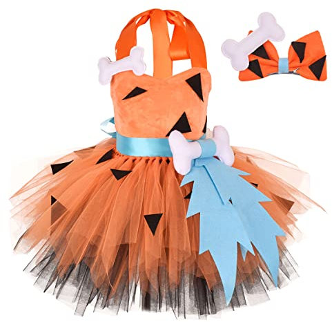 Kid Girls Flintstone Dress Princess Cavegirl Party Tulle Tutu Halloween Caveman Fancy Cosplay Dress Up Stone Age Child Deluxe Costume with Headband Cave People Carnival Birthday Outfit