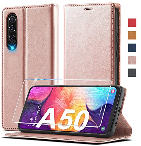 Handyhülle für Samsung Galaxy A50 Hülle Leder [Mit Schutzfolie] für Samsung Galaxy A50/ A30s Hülle Klappbar Leder Flip Wallet Stoßfeste Case Schutzhülle Klapphülle für Samsung Galaxy A50/ A30s/ A50s