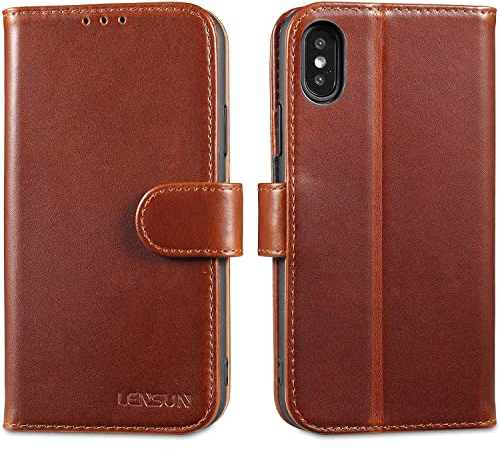 LENSUN Echtleder Hülle für iPhone XS, iPhone X Handyhülle [Echtes Leder][Magnetverschluss][RFID Schutz] Handytasche Flip Lederhülle für iPhone X/XS - Dunkelbraun