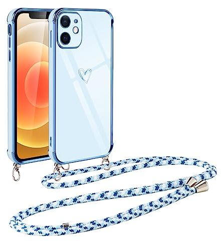 Vauki handyband für iPhone 12 Mini Hülle mit Band, Handyhülle mit Kette, Herz Motiv, Ultra Dünn Stoßfeste Aesthetic Case mit Kordel zum Umhängen für iPhone 12 Mini 5.4 Zoll, Blau