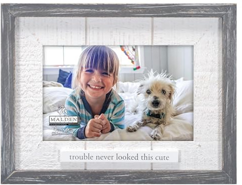 Malden International Designs 4x6 Trouble Never Looked This Cute Picture Frame Raised Dark Gray Rustic Wood Outer Moulding White Routed Rustic Wood Mat White MDF Attachment With Gray Screenprinted Text