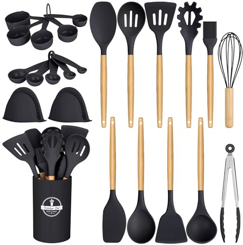 24 Pcs Kitchen Cooking Utensils Set,446°F Heat Resistant Non-Stick Silicone Kitchen Utensil Set With Wooden Handles and Holder,Kitchen Gadgets for Cookware,Kitchen Accessories,Black