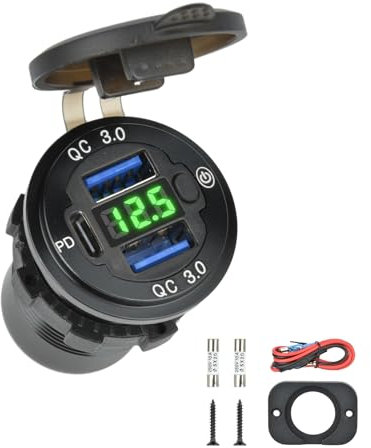 Vothen QC 3.0 Presa USB per Auto Doppio in Alluminio, 12V/24V Adattatore Impermeabile con Interruttore On/Off Voltmetro LED per Veicoli Auto Barca Moto SUV Camion
