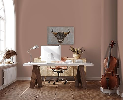 A.S. Création Leinwandbild Stier Tiere - Kunstdruck grau braun - 90x60 cm Querformat - Moderne Wanddekoration Schlafzimmer Wohnzimmer Küche - Bild auf Keilrahmen