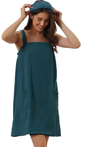 cheibear Damen Bademantel Kleid Frottee Saunakilt Saunatuch mit Tasche und Klettverschluss Spa Dusche Handtuch Bademantel Grün L