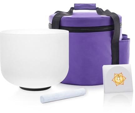 KVKA 432 Hz Crystal Singing Bowl White Bowl Frosted 8 Inch Chakra Sound Healing Quartz with O-Ring, Mallet, Carry Case (D Note Navel Chakra)