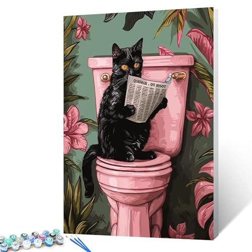 Tucocoo Black Cat On Toilet Paint by Numbers Kits with Brushes and Acrylic Pigment on Canvas Painting for Adults, Kitten Pink Funny Bathroom Picture for Home Wall Decor Gifts 16''x20'' (DIY Framed)