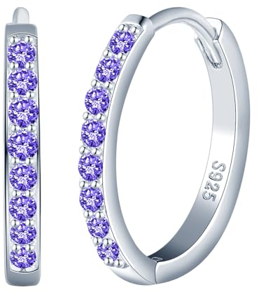 CPSLOVE Elegante Damen Ohrringe 925 Sterling Silber Creolen Mädchen Fashion Reifen Ohrringe mit Lila Zirkonia Hoop Durchmesser 1.4cm