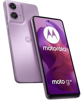 Motorola Mobility Moto G24 - Smartphone (pantalla HD de 6,56, cámara de 50 MP, 8/128 GB, 5000 mAh, Android 14), color rosa lavanda + funda protectora + soporte para teléfono móvil [Exclusivo de
