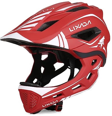 Kavolet Fahrradhelm Vollvisierhelm in Kleiner Größe 52cm-58cm, Rot & Weiß | Radhelm Einstellbar Helme mit Abnehmbarer Kinnschutz Innenpolster zum Radfahren Skateboarden Inlineskaten Ollerfahren