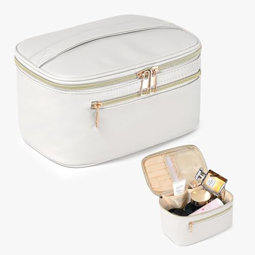 TANTOMI Kosmetiktasche Damen Kosmetikkoffer Schminktasche Schminkkoffer Damen mit Griff und Teiler Tragbare Kosmetik Organizer Tasche für Geeignet für Reisen Weggehen,Weiß