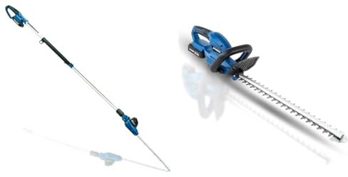 Hyundai 20V 410mm Cordless Long Reach Pole Hedge Trimmer 2Ah Li-Ion Battery & 20v Li-ion Cordless Hedge Trimmer/Hedge Cutter - 510mm / 20” Cutting Blade