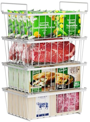 iSPECLE Gefrierschrank Organizer - 4er stapelbare Gefrierkörbe für 215L Truhengefrierschrank Schaffen Platz, Gefrier korganizer korb mit Griffen einfach zum Sortieren und Essen bekommen, Weiß