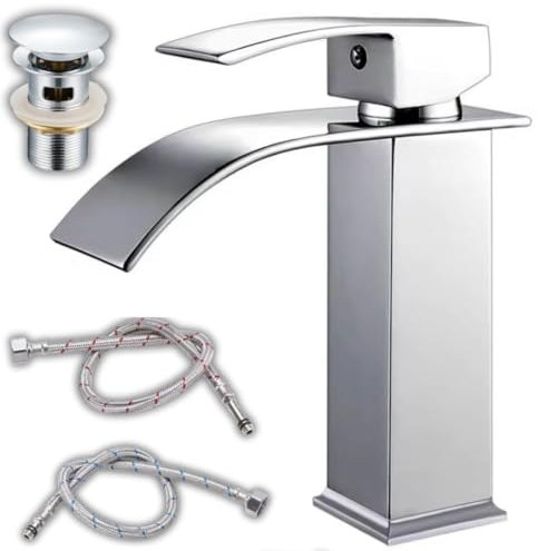 Grifo Lavabo Cascada + Desagüe y Mangueras de Agua Fría y Caliente. Grifo Monomando Lavabo Mezclador de Agua Fría y Caliente, Grifería Baño Incluye Desagüe y Tapón. Ahorro de Agua y Ahorro de Energía.