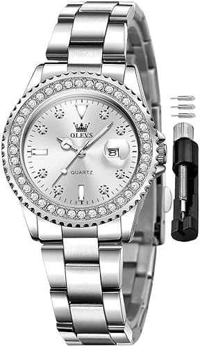 OLEVS Damen-Armbanduhr, Diamantkleid, Quarz, analog, weibliche Uhren, Edelstahl, zweifarbig, wasserdicht, leuchtend, Tag und Datum, Geschenk, 9945: Silber und Weiß