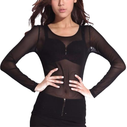 Tidecc Women Mesh Tops Long Sleeve See Through Transparent Mesh Stand Neck Sheer Blouses T-Shirt Tops