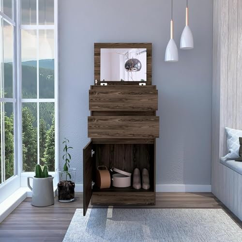 Cómodo, joyero, espejo, armario de una sola puerta, dos cajones, nogal oscuro