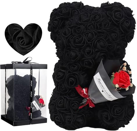 24x16 Cm Rosenblumenbär, Künstliche Rosenbären Mit Transparenter Box, Valentinstag RosenbärGeschenk Für Sie RosenbärNiedlicher Teddybär, Romantischer Rosen-Bär Für Freundin, Freunde, Ehefrau - Schwarz