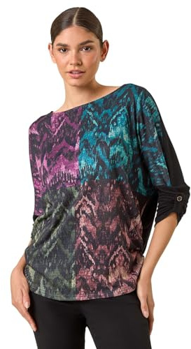 Roman Originals Colour Block Print Stretch Sleeve Top for Women UK - Ladies Everyday Autumn Winter Round Neckline Comfy Soft Evening Vacation Work Party Night Out - Black - Size 18