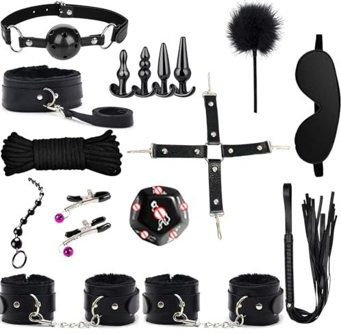 BDSM set mit 16 Stück,Keyoung Bondage-Set Federpeitsche und Augenmaske, Analplug Anal Dildo Fesseln Handschellen Fußfesseln Gefieder Nippelklemmen Fesseln Sexspielzeug Für Paare