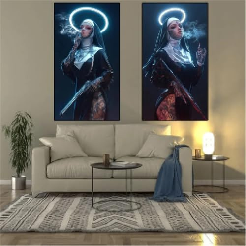 lianyibo Nonne Leinwandmalerei Sexy Tattoo Maschinengewehr Nonne Poster Druck Rauchen Wohnzimmer Dekoration Wandbild Zimmer Hintergrundwand 60x70cmx2 Rahmenlos