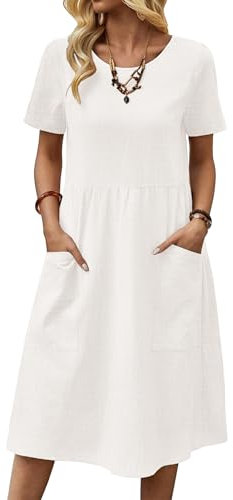 Zeagoo Damen Kleider Sommer Baumwolle Strandkleid Einfarbig Rundhals Midikleid Kurzarm Kleid mit Taschen Weiß XL