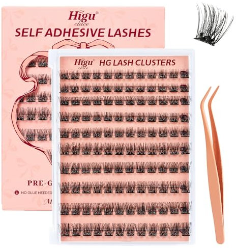 Higu clace Pre-Glued Eyelashes 120pcs Self Adhesive Eyelashes D Curl, No Glue Needed Pre-Glued Cluster Lashes Kit with Lash Tweezers, Press On Cluster 8-16mm (Natural 01)