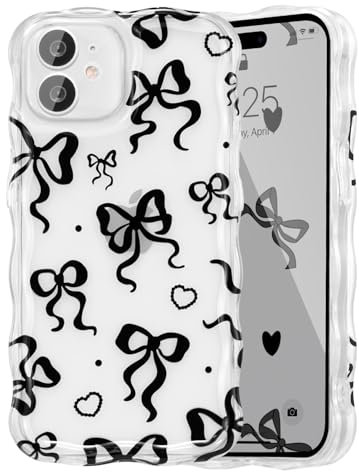 UEEBAI Bow Case for iPhone 11, Wavy Cute Ribbon Pretty Aesthetic Case Curly Stylish Soft Wave Clear Phone Shockproof Protective Pretty Cover for Women Girl - Black