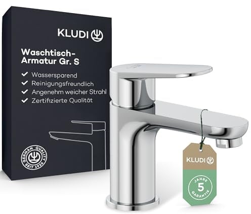 KLUDI-X1 Wasserhahn Bad, Auslaufhöhe 75 mm, wassersparende Waschtischarmatur Größe S, Keramikkartusche, Mischbatterie Waschbecken inkl. Anschlussschläuche in Chrom