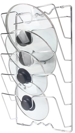 Duoruameng Wandhalterung Deckelhalter Küche, Pfannendeckel Halterung für 5 Hält 5 Deckel, Vertikaler Topfdeckelhalter Organizer, Silber